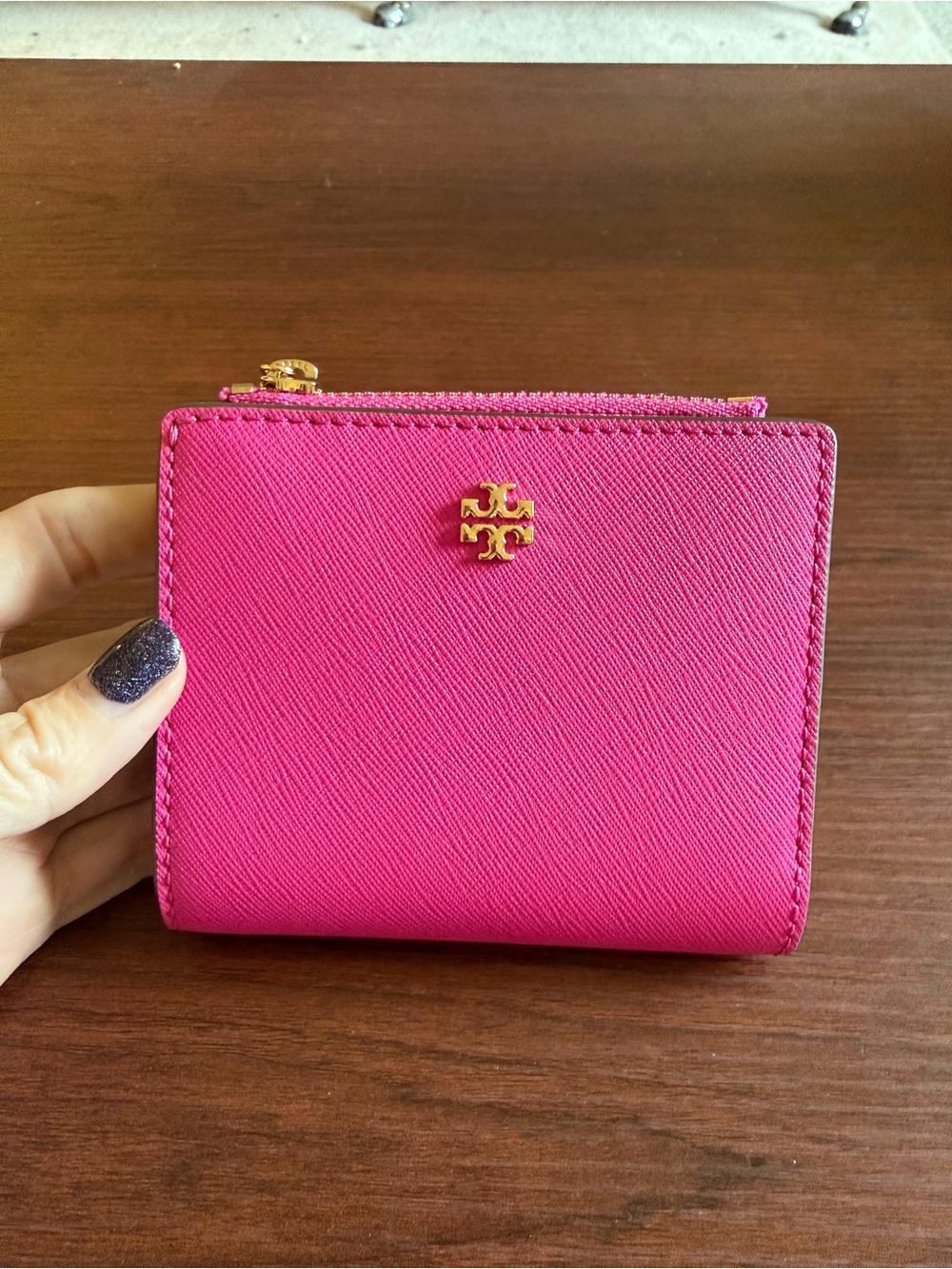 Tory Burch Hot Pink Saffiano Zip Bifold Wallet with Gold Logo